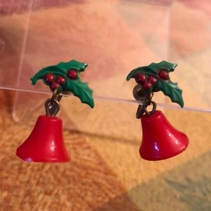 Vintage screw back Christmas bell earrings with holly